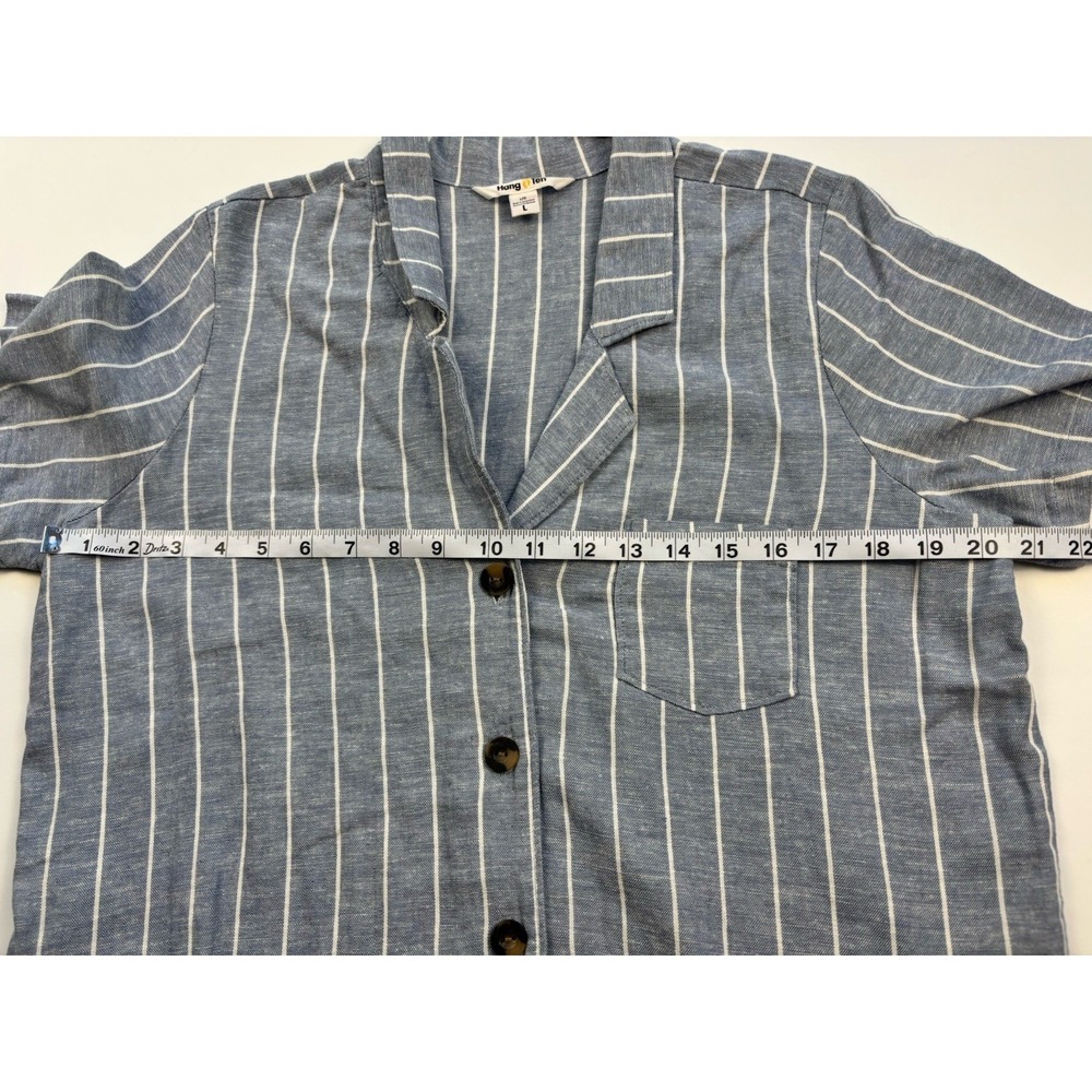 Hang Ten Button Front Shirt Womens Sz L Blue White Striped Coastal Linen Blend - Picture 7 of 9